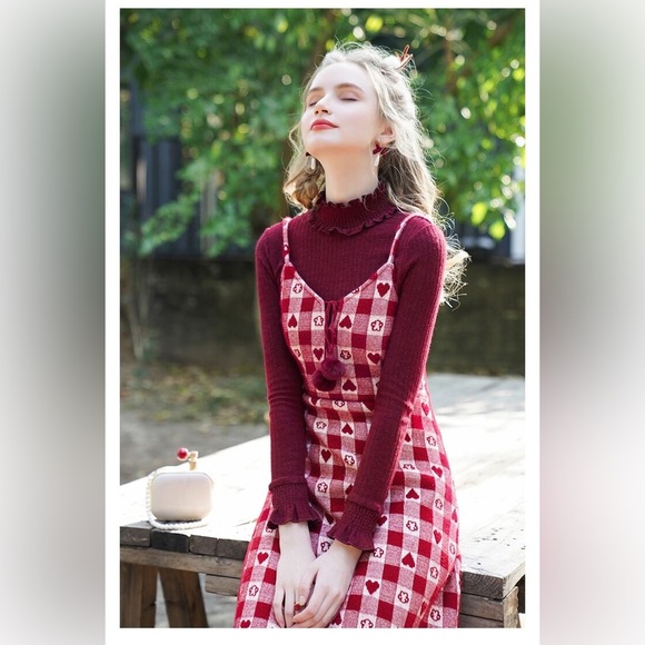 White & Red Checkered Heart Pattern Pom-Pom Front Tie Wool Blend Midi Dress M/L - Picture 4 of 13